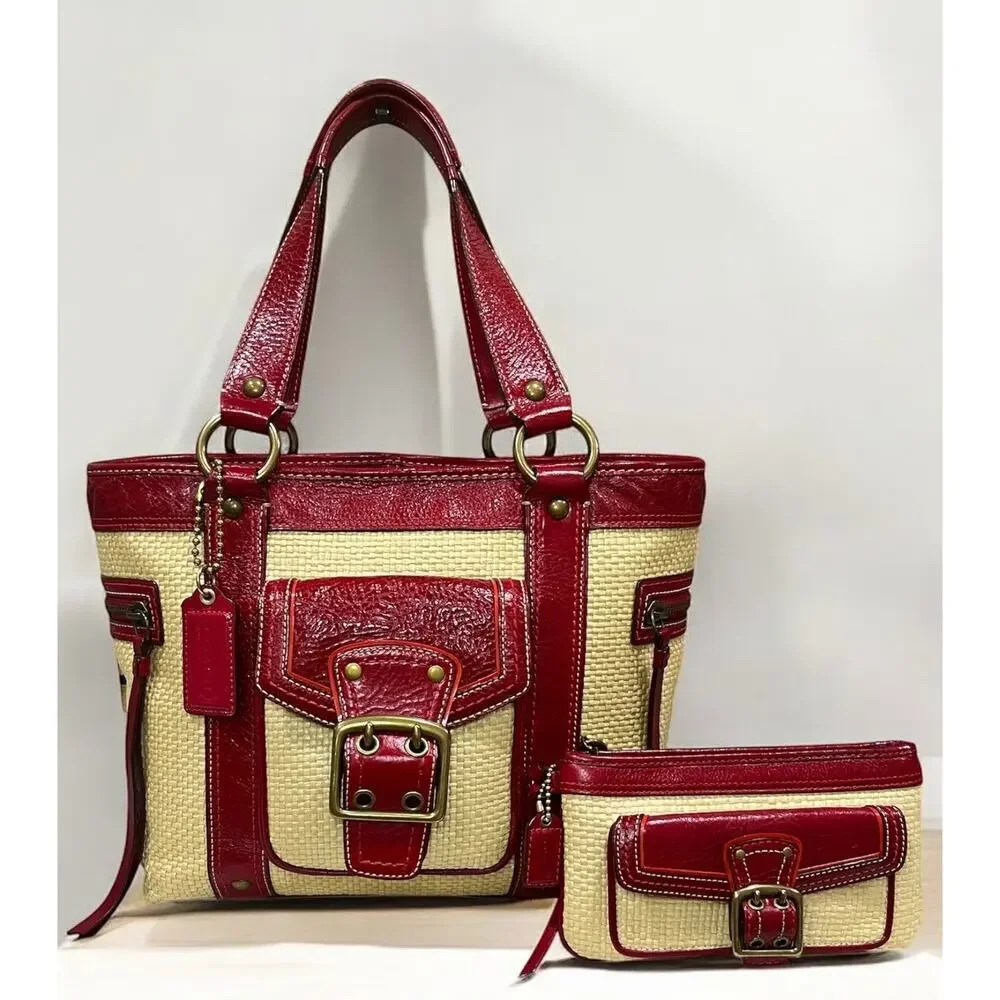 Vintage Coach 113 Legacy Straw Tote Bag & Wristlet